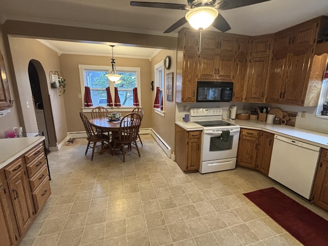 217 S 2nd St, Coldwater, OH 45828 - kitchen featuring white appliances, crown molding, arched walkways, light countertops, and ceiling fan