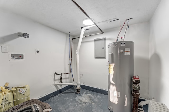 utility room featuring electric panel and water heater