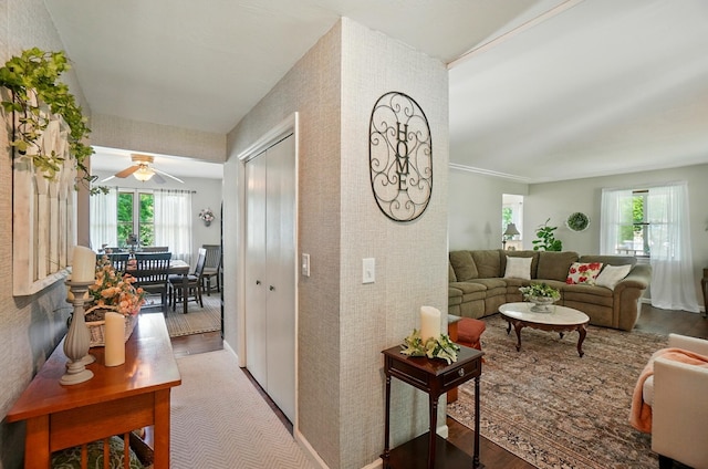 115 Deer Run Rd, Urbana, OH 43078 - living area with healthy amount of natural light, a ceiling fan, and wood finished floors