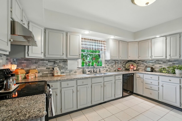115 Deer Run Rd, Urbana, OH 43078 - kitchen featuring under cabinet range hood, dishwasher, electric stove, decorative backsplash, and light tile patterned floors