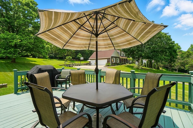 115 Deer Run Rd, Urbana, OH 43078 - wooden deck featuring a yard, outdoor dining space, and view of wooded area