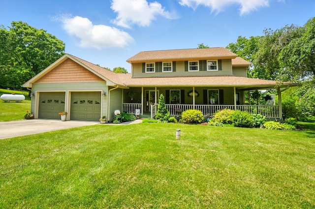 115 Deer Run Rd, Urbana, OH 43078 - view of front of property with an attached garage, a porch, a front lawn, driveway, and a shingled roof