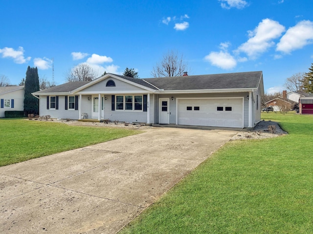 ranch-style home featuring concrete driveway, a garage, and a front lawn