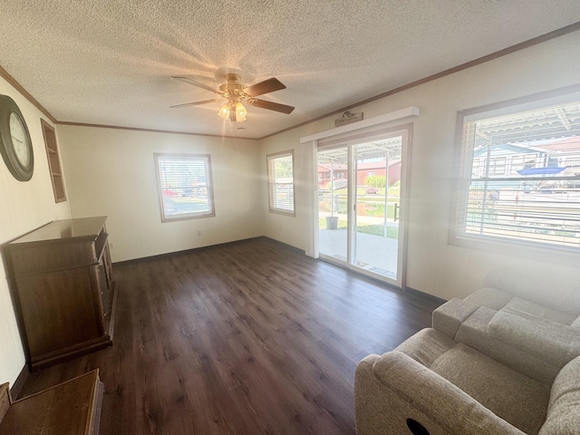 5319 Karafit Rd, Celina, OH 45822 - living room featuring dark wood-style floors, ornamental molding, a textured ceiling, a ceiling fan, and plenty of natural light
