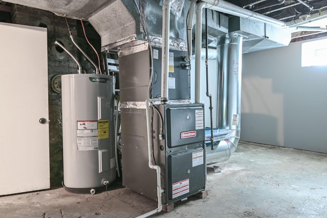 utility room with heating unit and electric water heater