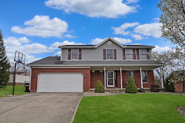traditional-style house featuring concrete driveway, roof with shingles, a front lawn, a porch, and brick siding