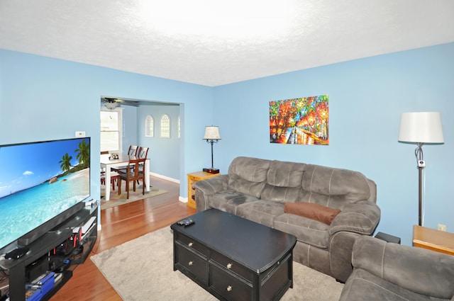 living room featuring a textured ceiling, wood finished floors, and baseboards
