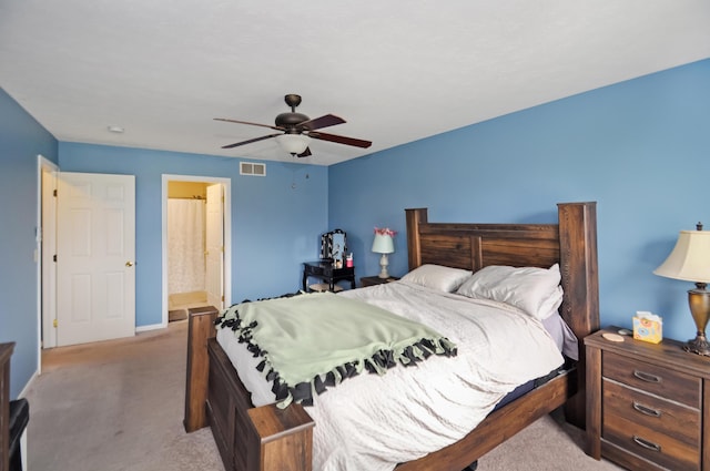bedroom with ceiling fan, baseboards, carpet, and visible vents
