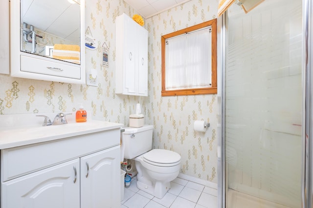 7535 Township Rd 269, Russells Point, OH 43348 - bathroom featuring vanity, a stall shower, wallpapered walls, and tile patterned flooring
