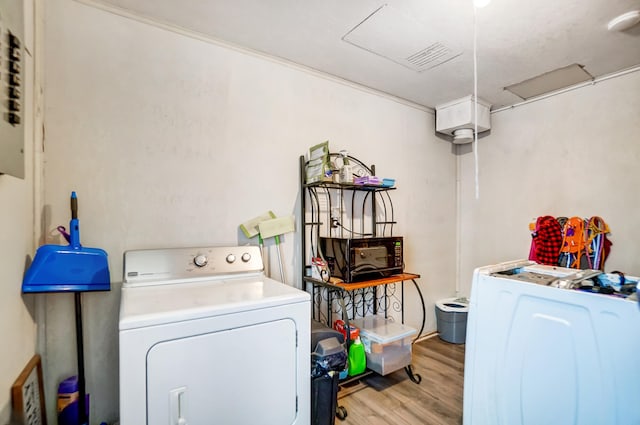 laundry area with light wood-type flooring, laundry area, and independent washer and dryer