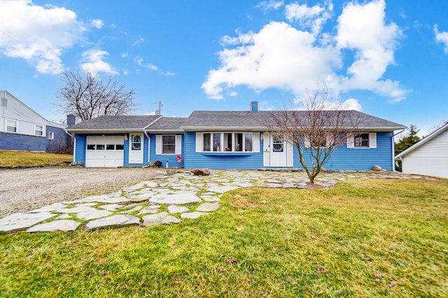 ranch-style house featuring a garage, dirt driveway, and a front yard