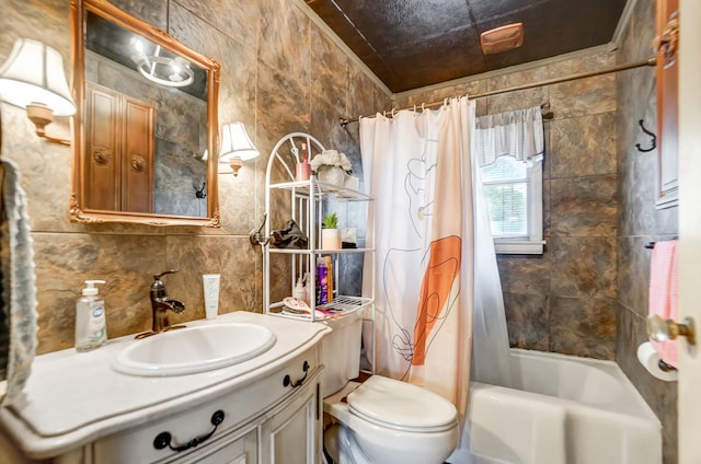 full bath featuring shower / tub combo with curtain, tile walls, tasteful backsplash, toilet, and vanity