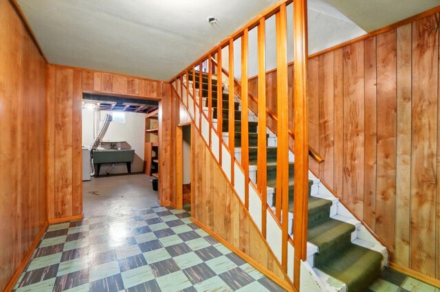 70 Helen St, Enon, OH 45323 - stairs featuring tile patterned floors and wooden walls