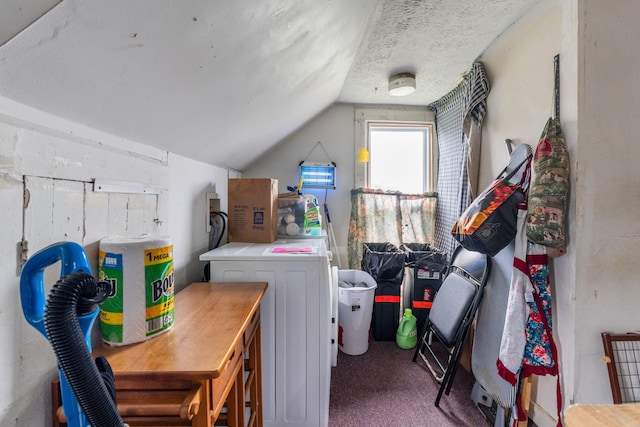laundry area with a textured ceiling, carpet flooring, washer hookup, and laundry area