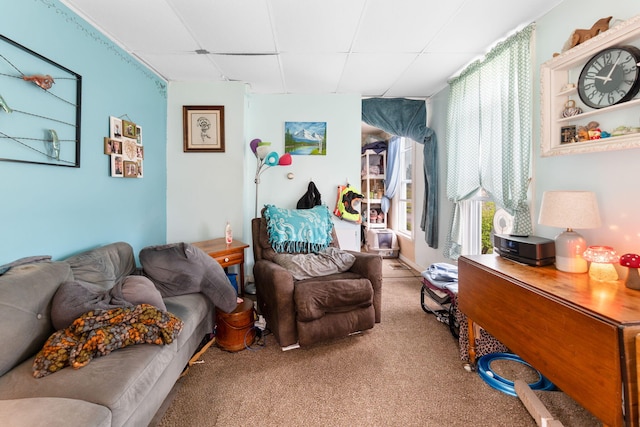 living area with a drop ceiling and carpet flooring