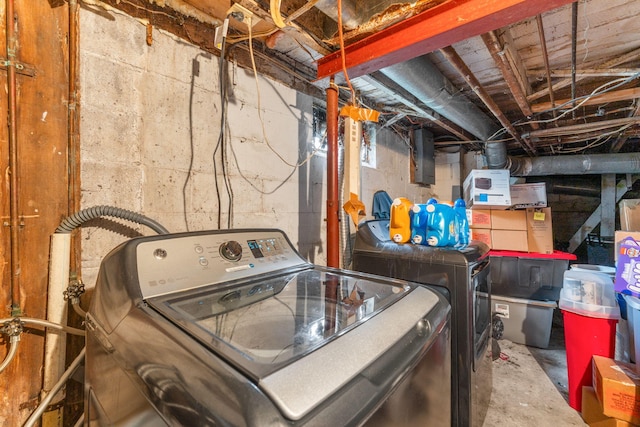 laundry area featuring electric panel, washing machine and clothes dryer, and laundry area