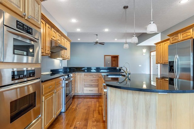 11370 Crottinger Rd, Plain City, OH 43064 - kitchen with stainless steel appliances, a sink, dark countertops, a peninsula, and hardwood / wood-style floors