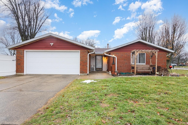 ranch-style home with a garage and a front lawn