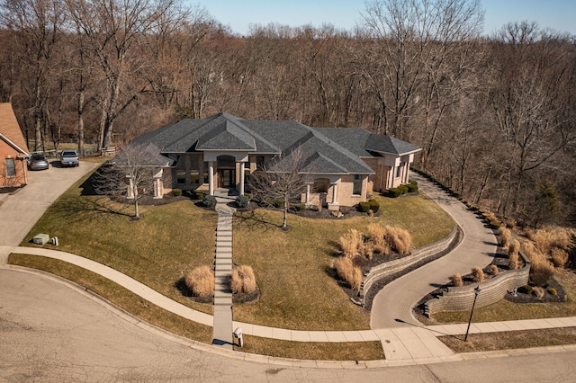 view of front of house featuring concrete driveway and a front lawn