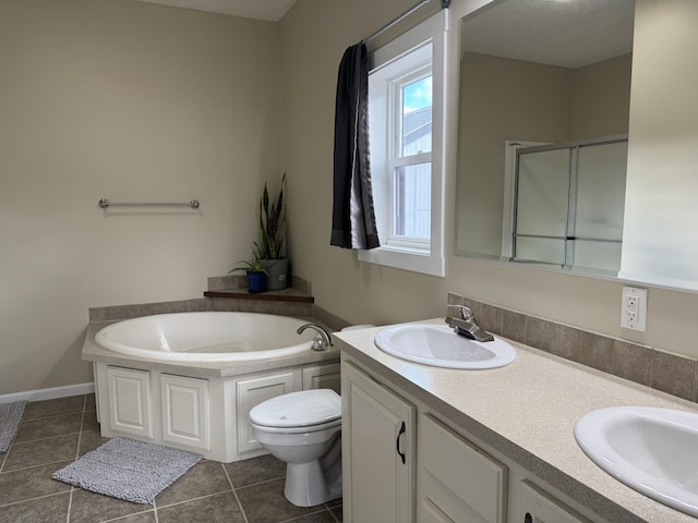 full bathroom with vanity, tile patterned flooring, plus walk in shower, and toilet