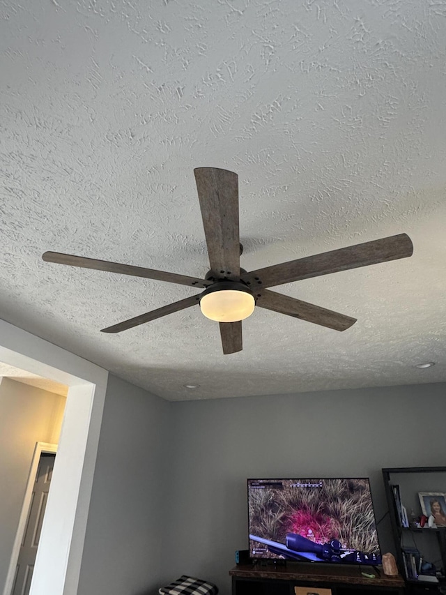 interior details with a textured ceiling and ceiling fan