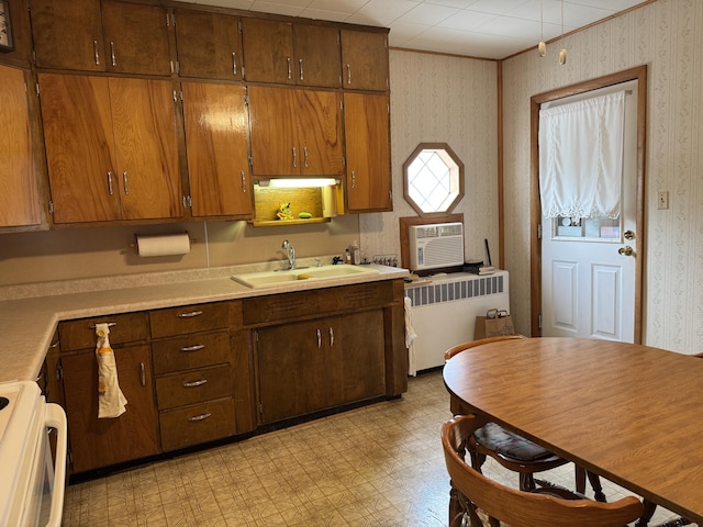 210 E Second St, Rockford, OH 45882 - kitchen with radiator heating unit, range, wallpapered walls, crown molding, and light countertops