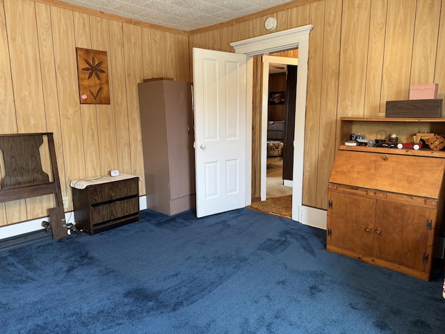 210 E Second St, Rockford, OH 45882 - bedroom featuring dark colored carpet and wooden walls
