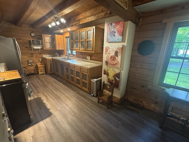 18866 Weimert School Rd, Wapakoneta, OH 45895 - kitchen with wood walls, dark wood finished floors, light countertops, wood ceiling, and appliances with stainless steel finishes