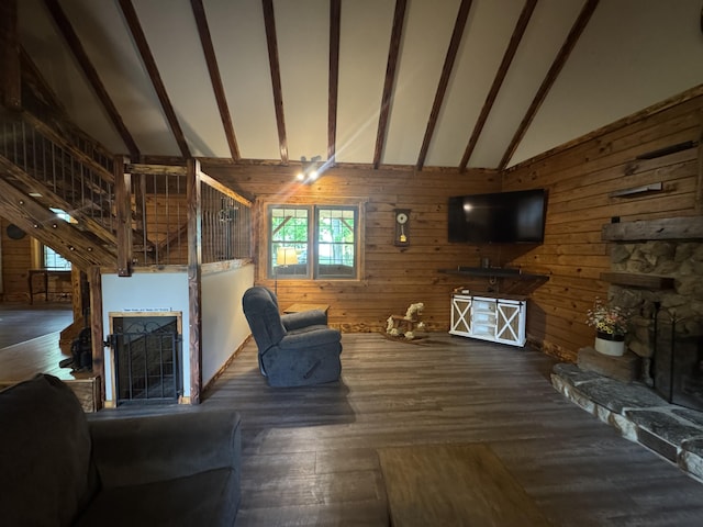 18866 Weimert School Rd, Wapakoneta, OH 45895 - living room with a stone fireplace, wooden walls, wood finished floors, and plenty of natural light