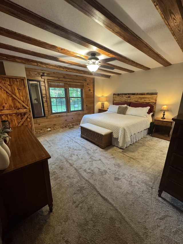 18866 Weimert School Rd, Wapakoneta, OH 45895 - bedroom with wood walls, carpet floors, and beamed ceiling