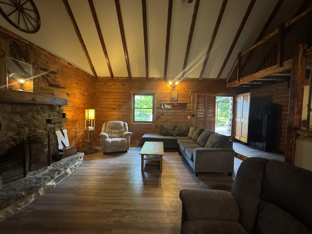 18866 Weimert School Rd, Wapakoneta, OH 45895 - living area featuring a fireplace, wood finished floors, high vaulted ceiling, wood walls, and beamed ceiling