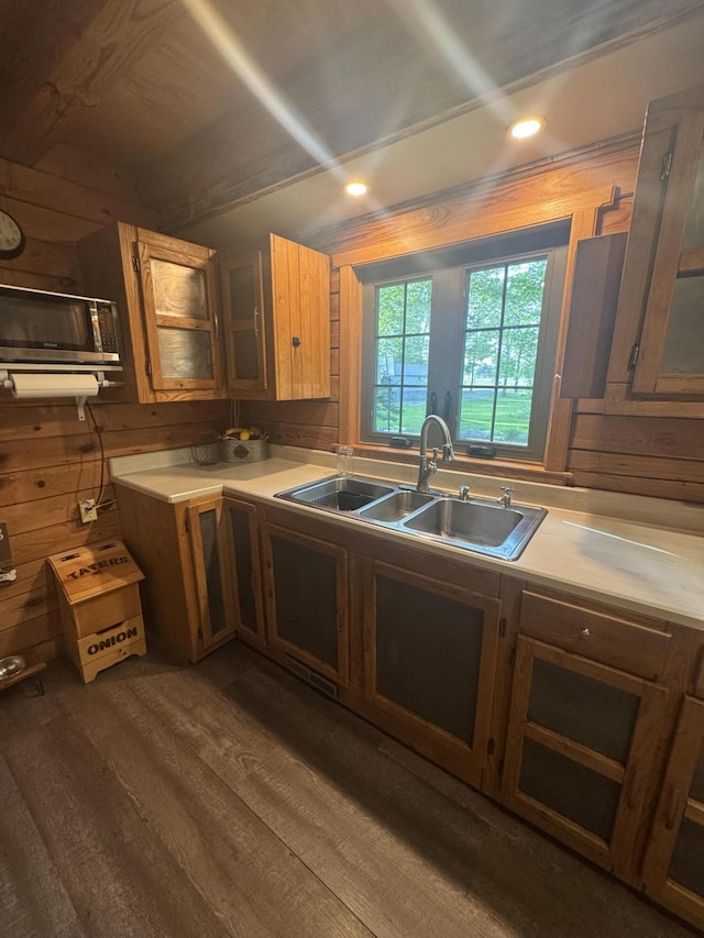 18866 Weimert School Rd, Wapakoneta, OH 45895 - kitchen with a sink, light countertops, dark wood-style floors, recessed lighting, and brown cabinets