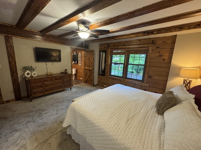 18866 Weimert School Rd, Wapakoneta, OH 45895 - carpeted bedroom with beam ceiling, baseboards, and ceiling fan
