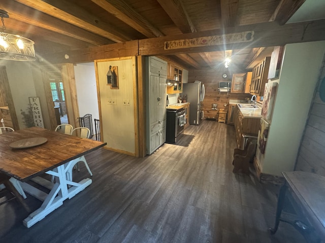 18866 Weimert School Rd, Wapakoneta, OH 45895 - dining room featuring dark wood-style floors, beam ceiling, wood walls, and a chandelier