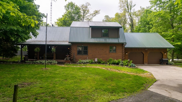 18866 Weimert School Rd, Wapakoneta, OH 45895 - log-style house featuring log exterior, a front yard, an attached garage, and driveway