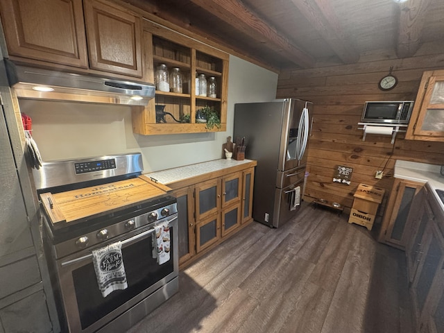 18866 Weimert School Rd, Wapakoneta, OH 45895 - kitchen with stainless steel appliances, ventilation hood, dark wood-style floors, brown cabinetry, and light countertops