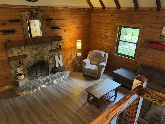 18866 Weimert School Rd, Wapakoneta, OH 45895 - living room featuring wood finished floors, a stone fireplace, and wooden walls