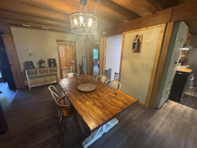 18866 Weimert School Rd, Wapakoneta, OH 45895 - dining area with dark wood-type flooring, a chandelier, wooden ceiling, and baseboards