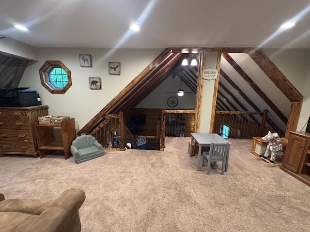 18866 Weimert School Rd, Wapakoneta, OH 45895 - game room with lofted ceiling, carpet floors, recessed lighting, and wood walls