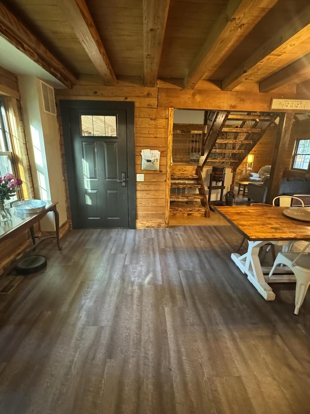 18866 Weimert School Rd, Wapakoneta, OH 45895 - entrance foyer with wood finished floors, stairs, beamed ceiling, and wooden ceiling