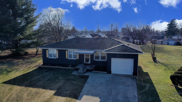 ranch-style home featuring a garage, driveway, roof with shingles, and a front yard