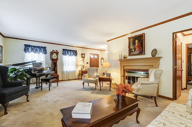 407 N Broadmoor Blvd, Springfield, OH 45504 - living area featuring light colored carpet, crown molding, a glass covered fireplace, and baseboards