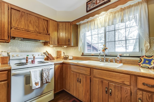 407 N Broadmoor Blvd, Springfield, OH 45504 - kitchen with white electric range oven, a sink, brown cabinets, and light countertops