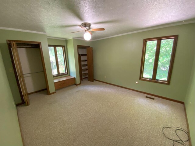 2700 Myeerah Trl, West Liberty, OH 43357 - unfurnished bedroom with multiple windows, baseboards, a textured ceiling, ornamental molding, and light colored carpet