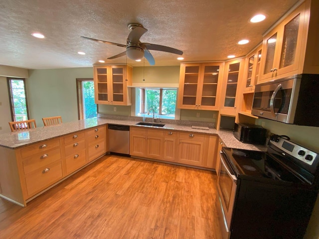 2700 Myeerah Trl, West Liberty, OH 43357 - kitchen featuring appliances with stainless steel finishes, a sink, a peninsula, healthy amount of natural light, and recessed lighting