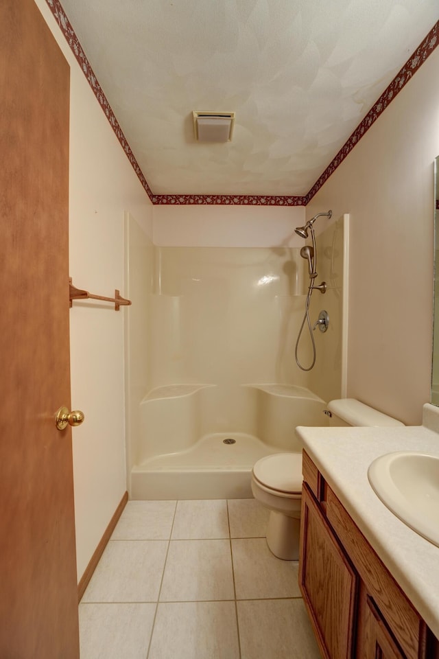 full bath with a shower, tile patterned flooring, vanity, toilet, and visible vents