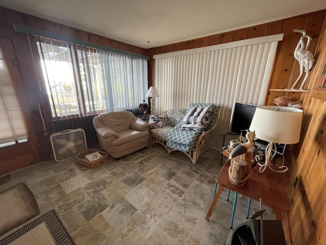 interior space featuring stone finish flooring, wood walls, and a textured ceiling