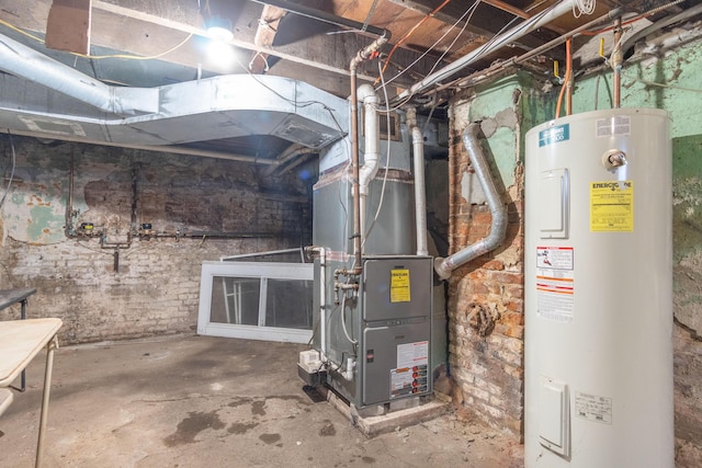 utility room featuring water heater and heating unit