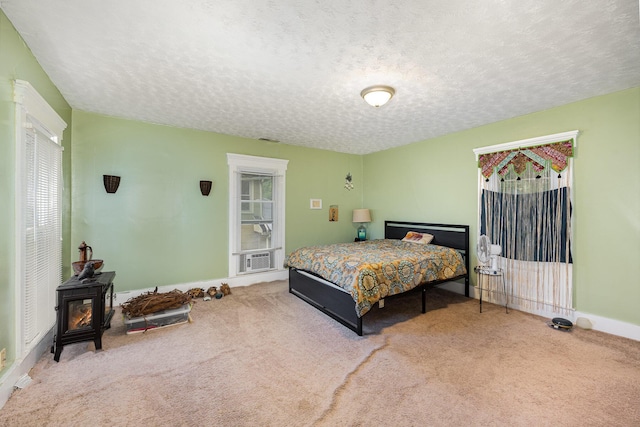 815 Mckaig Ave, Troy, OH 45373 - bedroom featuring carpet flooring, baseboards, a wood stove, and a textured ceiling