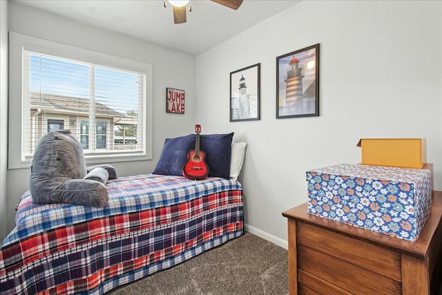 bedroom featuring carpet, ceiling fan, and baseboards